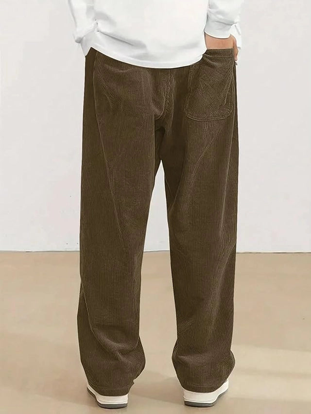 Mens Corduroy Casual Pants Fashion Loose Fit Wide Leg Pants Straight Sweatpants Elastic Waist Drawstring